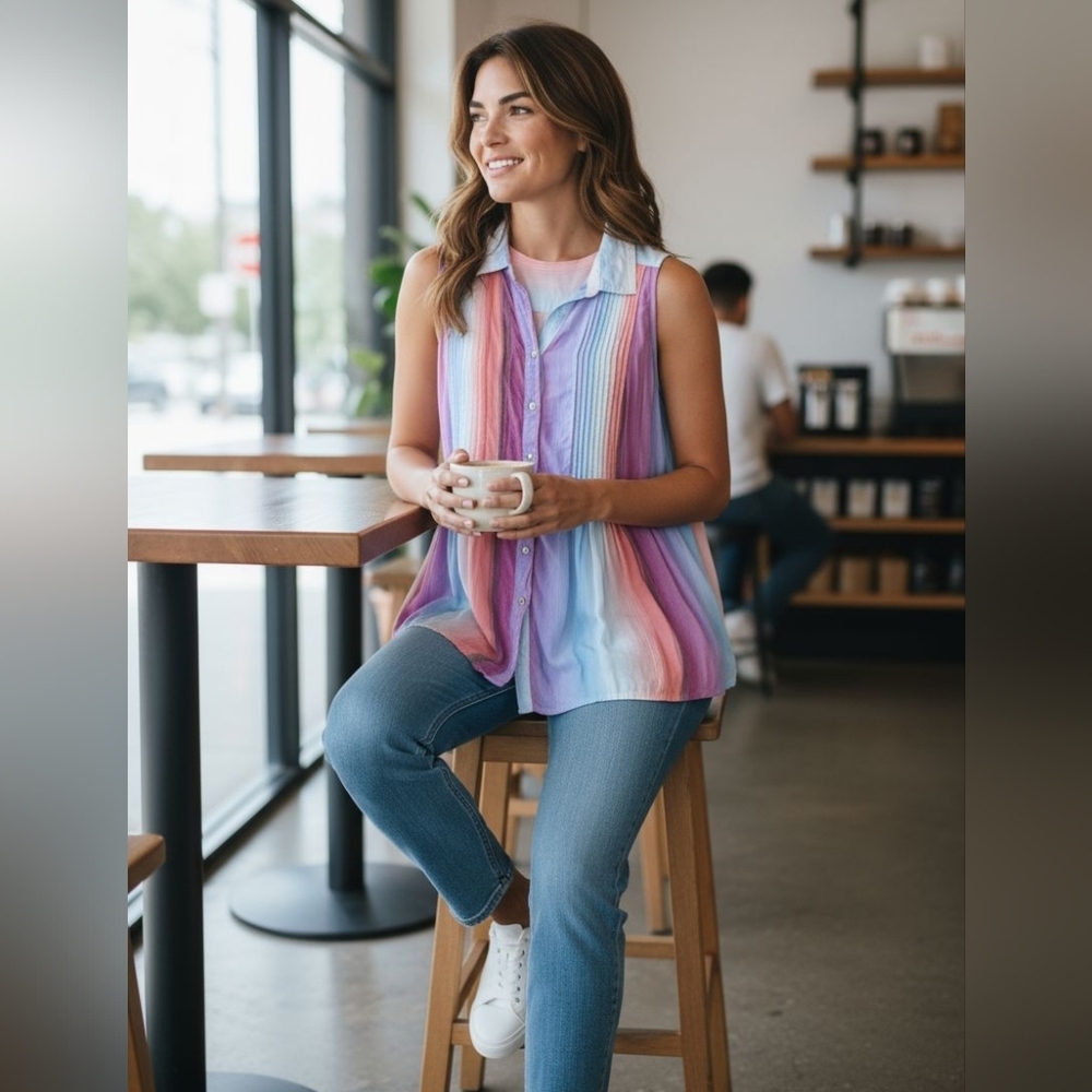 Multicolor Sleeveless Button-Up Blouse